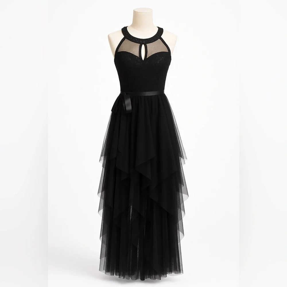 Elegant Black Halter Formal Sheer Illusion Dress layered tulle prom bow sequin - Picture 1 of 10